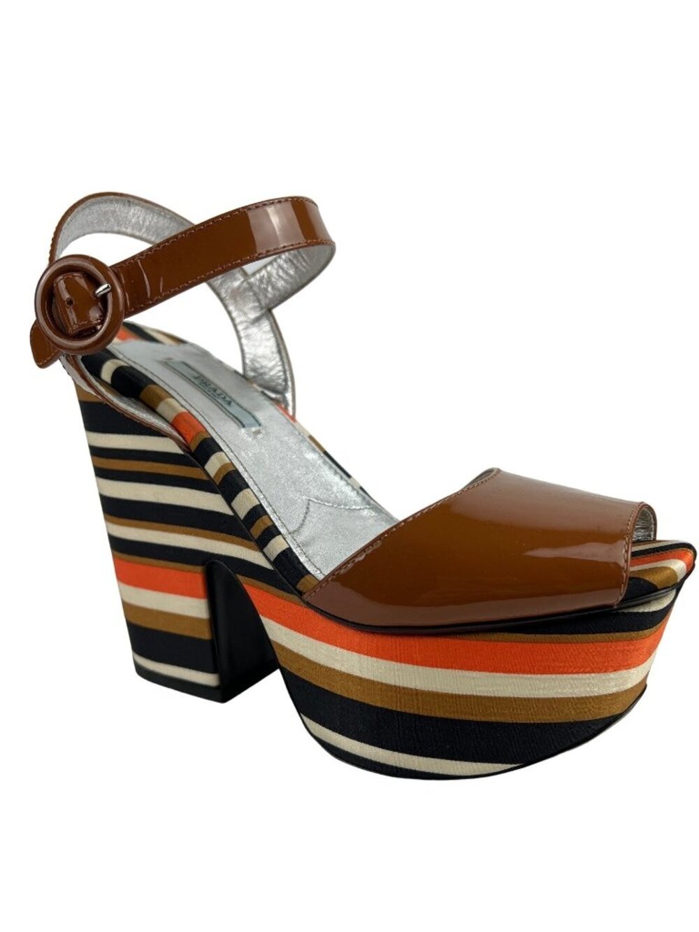 Prada Brown Patent Leather Peep-Toe Platform Heels With Striped Fabric Size 8.5